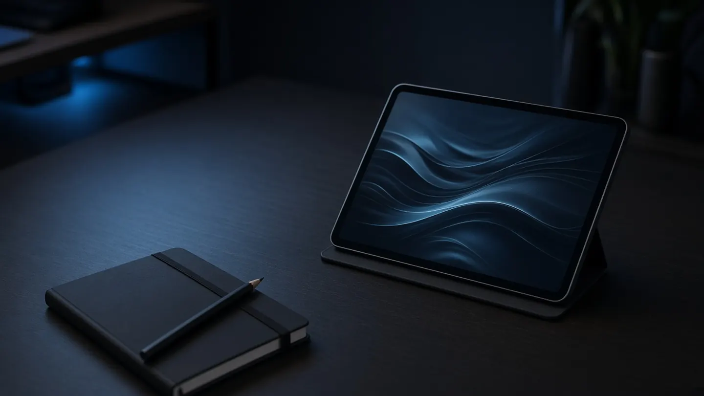 Tablet ve defterin durduğu dijital çalışma masası