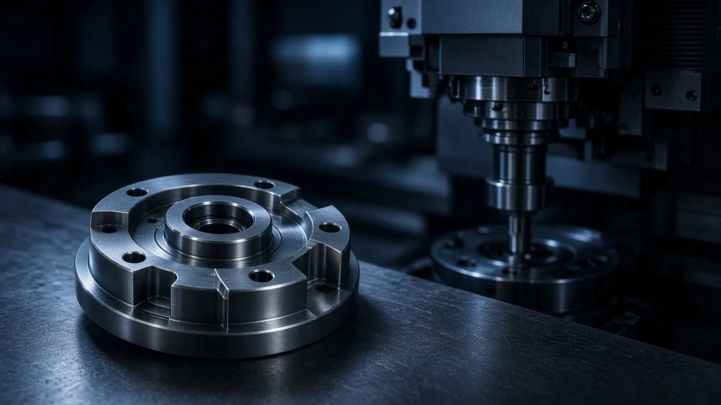 CNC tezgahı önünde duran işlenmiş metal parça